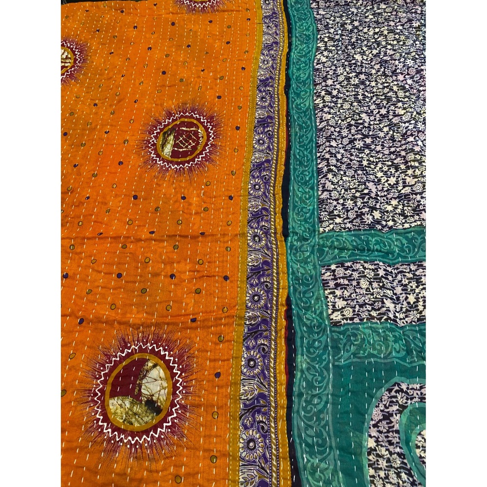 Kantha Quilt Reversible Cotton Throw Blanket Orange Pink Boho Handmade